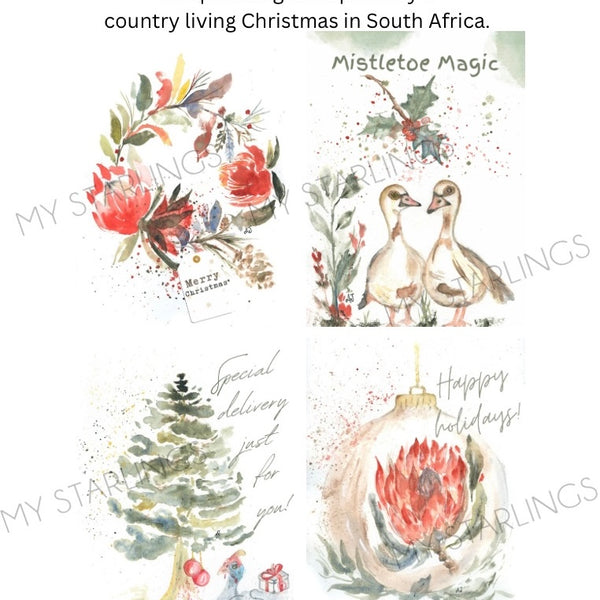 Xmas Watercolour Gift Cards - Set of 4, Small (A7)